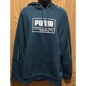 Puma Men's Hoodie Unify Fleece Sweatshirt Graphic Logo Club Marine Green White